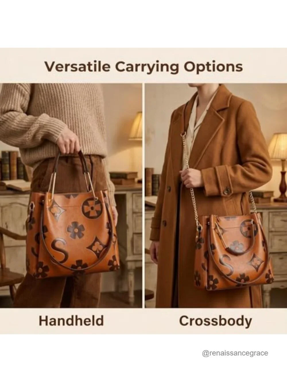 Women's Retro Monogram Crossbody Bag Faux Leather Drawstring Top-Handle Satchel